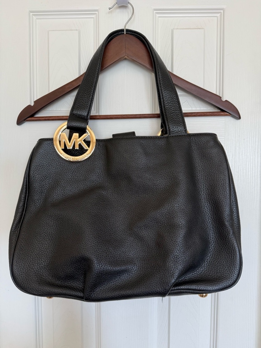 Michael Kors Black Leather Tote with Gold MK Logo Charm - Picture 13 of 13